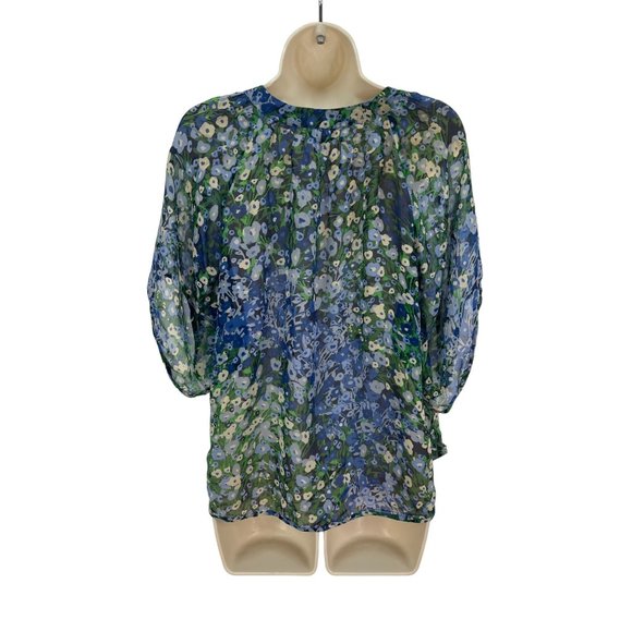 ANTHROPOLOGIE Fei Women’s Size 2 Silk Blue Floral Elbow Sleeve Blouse - Picture 2 of 6